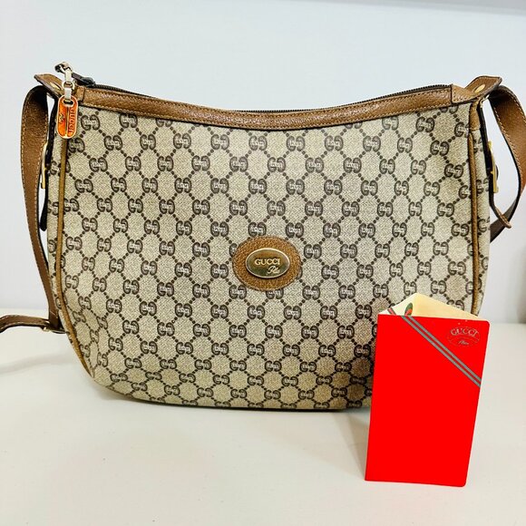 AUTHENTIC GUCCI PLUS COATED CANVAS LEATHER TRIM HOBO SHOULDER BAG VINTAGE W COA - Picture 1 of 16